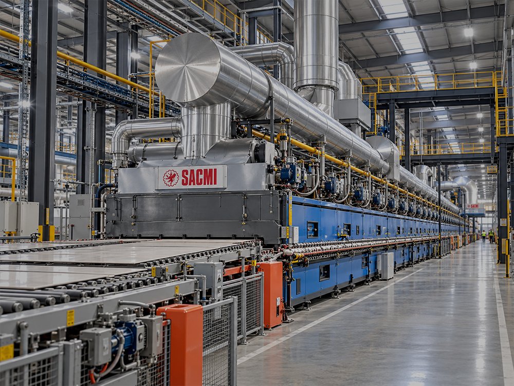 Roller kiln firing porcelain tiles at the Brixen plant